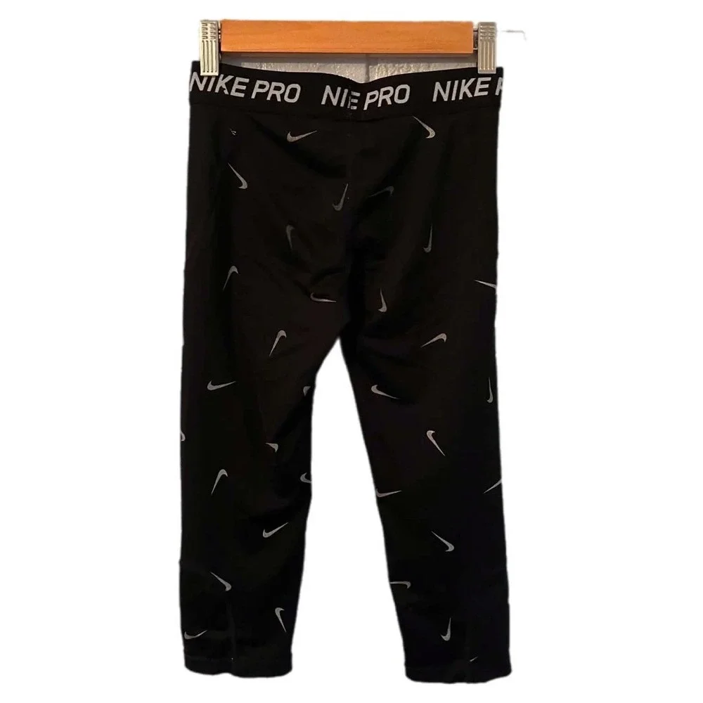 Nike Pro Leggings Kids Medium Black Excellent Dri-FIT Cropped Swoosh Print